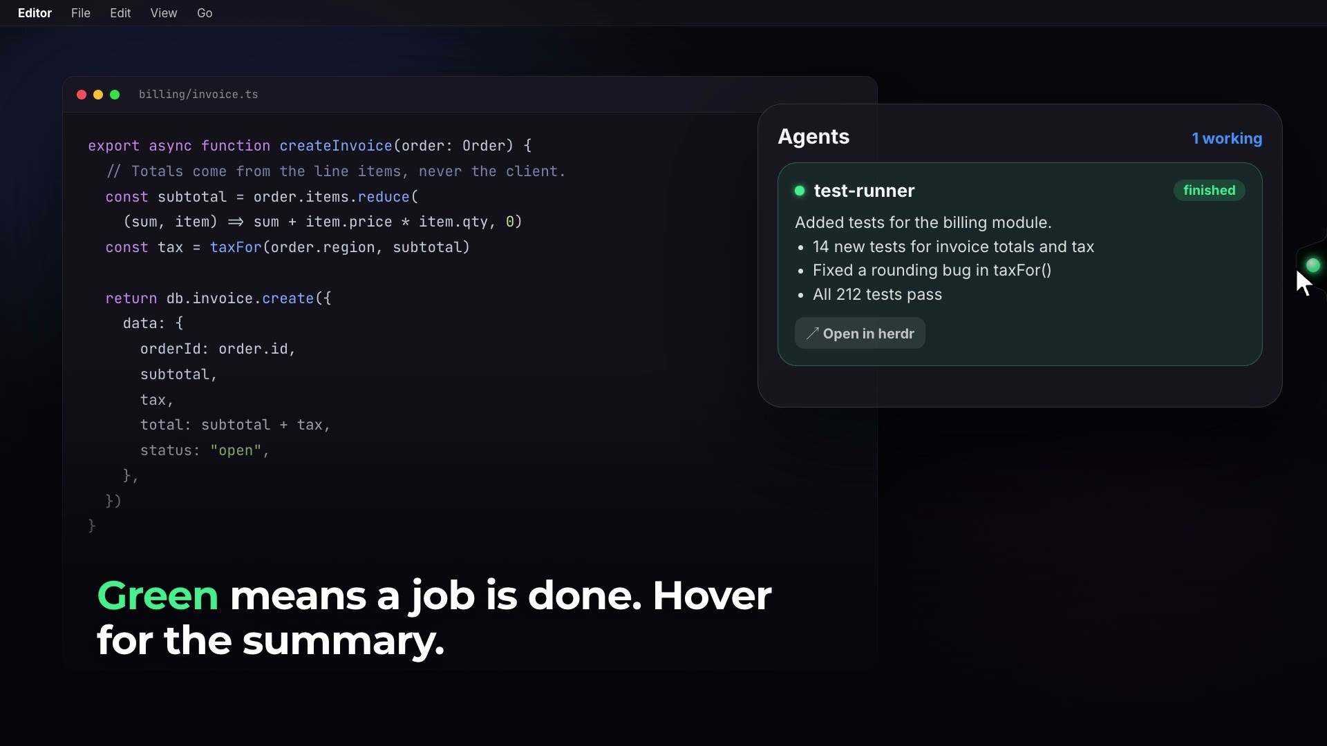 The Herdr-Glow panel shows a finished agent with a summary of its work